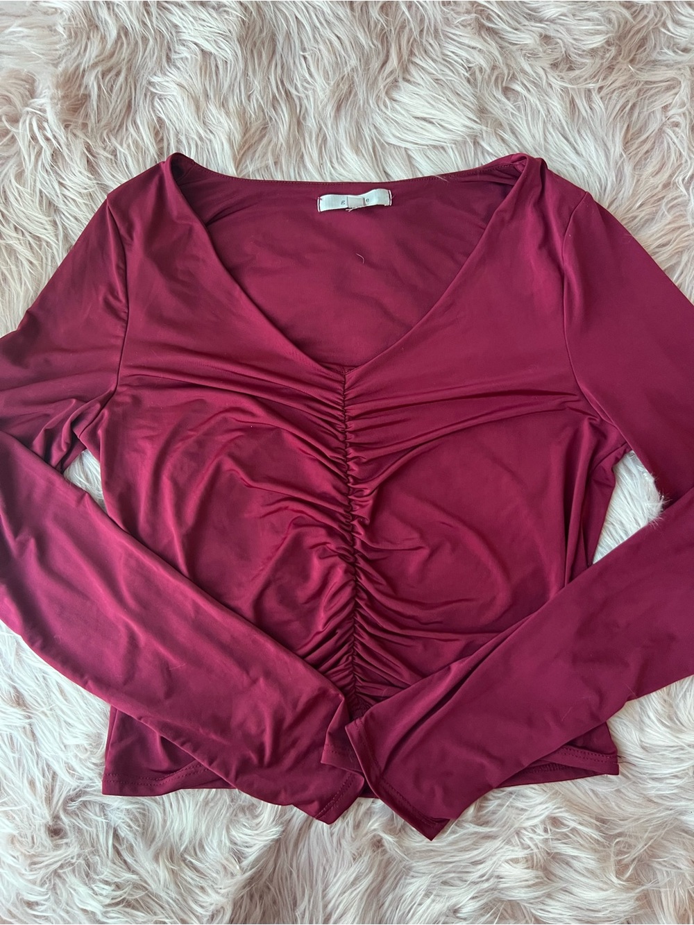 gaze Ruched V-Neck Long Sleeve Top in Burgundy XL